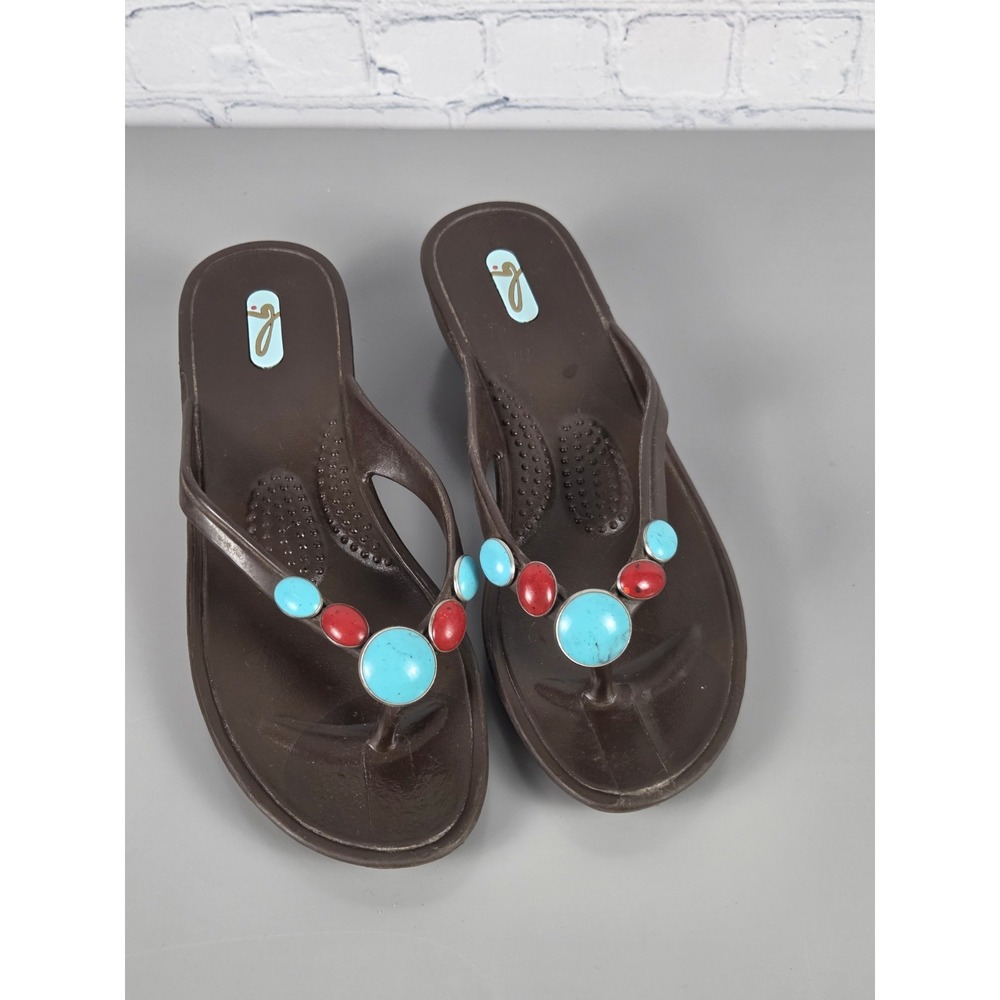 Oka B Thong Sandals Size M/L 8.5-9.5 Brown w Turquois & Red Bead Detail USA Made